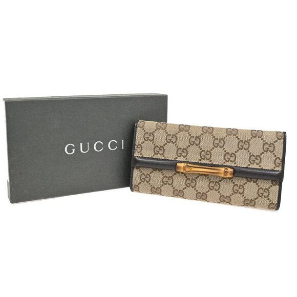 GUCCI GG Trifold Long Wallet Bamboo Canvas Leather Brown Beige SHW 69KC470